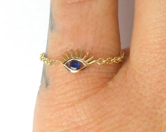Sapphire Evil Eye Ring / 14k Gold Sapphire Evil Eye Ring / Chain Evil Eye Ring / Sapphire Evil Eye / Minimalist Evil Eye Chain Ring
