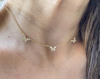 Diamond Butterfly Station Necklace 0.90ct / 14k Gold Butterfly Necklace / Butterfly Charm Necklace / Solid Gold Diamond Butterfly / Charm