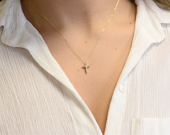 Diamond Cross Necklace 0.24CT / 14k Rose Gold Diamond Cross / Dainty Diamond Cross / Baptism Gift / Communion / Confirmation / Confirmation