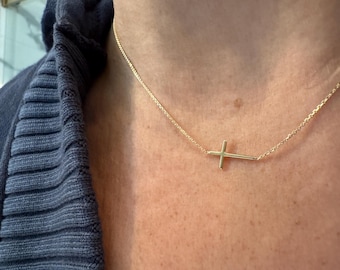 14k Gold Sideways Cross Necklace: Minimalist Baptism Gift