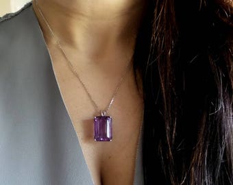 Amethyst Necklace / Sterling Silver Amethyst Necklace / Emerald Cut Amethyst / February Gemstone Necklace / Purple Amethyst Necklace