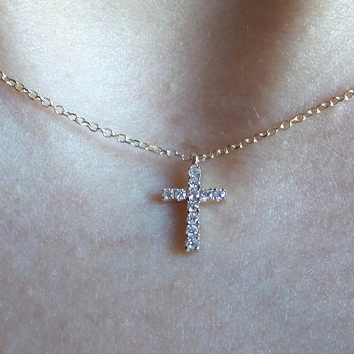 Small Diamond Cross Necklace / Dainty 