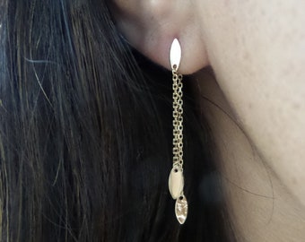 Gold Chain Leaf Earrings / 14k Gold Long Leaf Earrings / Push back Chain Earrings / Everyday lightweight Gold Earrings