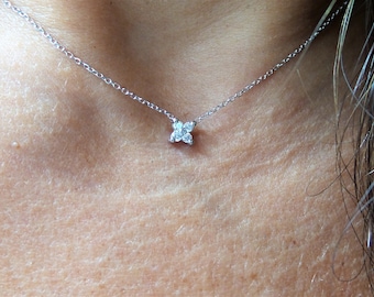 Diamond Flower Necklace 0.10cts / 14k White Gold Diamond Necklace / Small 4 Diamond Cluster Necklace / Minimalist Cluster Necklace