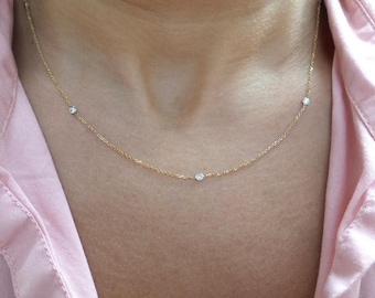 Diamond Station Necklace 0.30ct 7 diamonds / 14k Gold Diamond Necklace / Bridal Diamond Necklace / 14k Gold Diamond Bezel Necklace