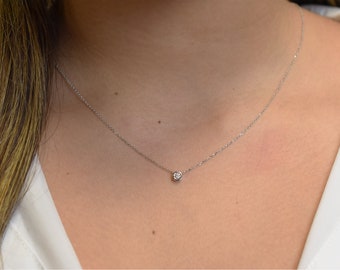 Diamond Solitaire Necklace 0.10ct  / 14k  Gold Diamond Solitaire Necklace / Floating Diamond Solitaire Necklace / Dainty Diamond