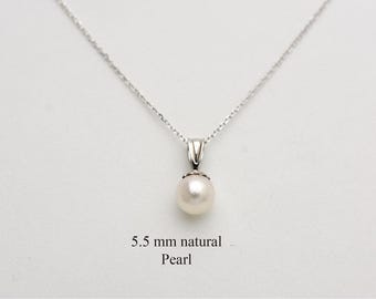 14K Gold Pearl Pendant Necklace • 5.5mm Natural White Pearl