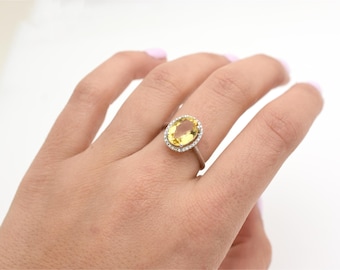 14k White Gold Oval Yellow Topaz Diamond Halo Ring | November Birthstone Cocktail Ring