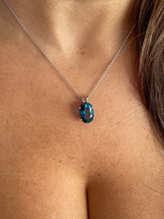 Round London blue topaz necklace vintage solid 14k 18k rose gold halo –  WILLWORK JEWELRY