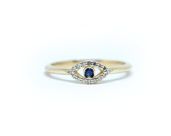 Evil Eye Ring / Evil Eye Ring / 14k Gold Sapphire Diamond Ring / Sapphire Diamond Evil Eye Ring / Protection Ring