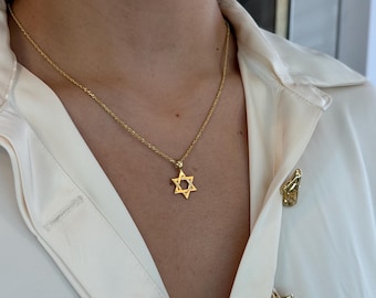 14K Solid Gold Star of David Necklace:Large Traditional Jewish Charm Pendant