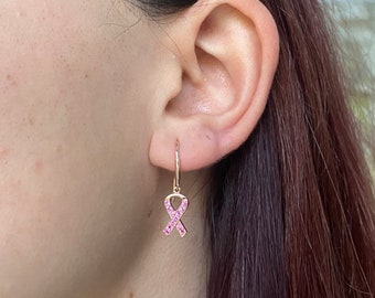 Pink Sapphire Ribbon Earring (single piece) / 14k Gold Breast Cancer Ribbon Earring / Survivor Earring / Breast Cancer Awareness Earring
