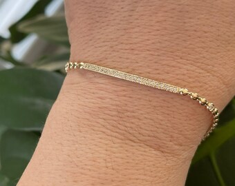 Diamond Bar Bezel Ball Chain Bracelet 0.26CTS / 14k Gold