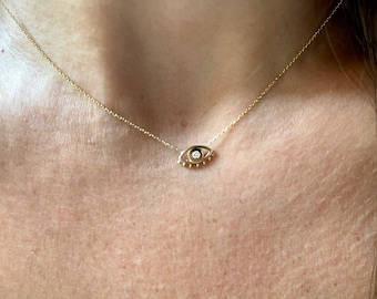 Diamond Evil Eye Necklace / 14k Gold Diamond Evil Eye Necklace / Diamond Evil Eye Lash Necklace / Solitaire Evil Eye / Kabbalah
