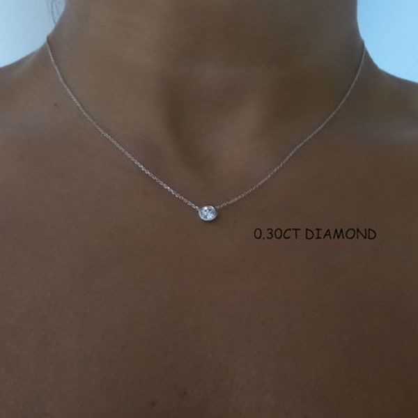 Diamond Solitaire Necklace 0.30 ct / 14k White Gold Diamond Solitaire Necklace / Floating Diamond Solitaire Necklace / Dainty Diam