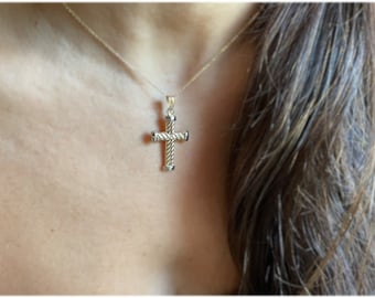 Cross Necklace / 14k Gold Two Tone Cross Necklace / Unisex Cross / Baptism Cross / 14k Solid Gold Cross Necklace