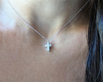 Small Diamond Cross Necklace 0.30ct / 14k White Gold Diamond Cross / Gold Cross / Baptism Gift / Communion / Confirmation / Confirmation
