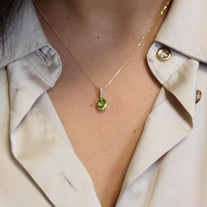 14k Oval Peridot and diamond necklace, 1.18 carat natural green peridot 14k gold pendant, august birthstone, everyday layering necklace