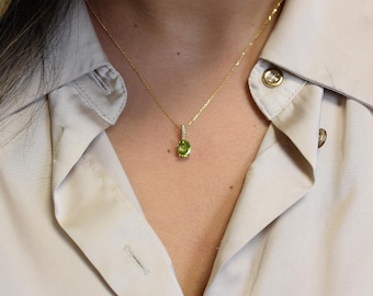 14k Oval Peridot and diamond necklace, 1.18 carat natural green peridot 14k gold pendant, august birthstone, everyday layering necklace