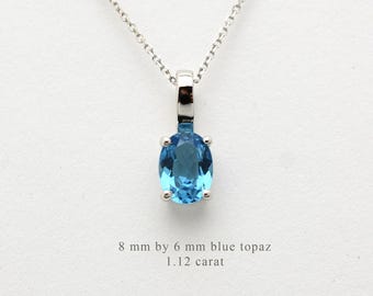 Birthstone Swiss Blue Topaz Solitaire Necklace / Sterling Silver Oval Blue Topaz Necklace / December Birthstone Topaz Pendant