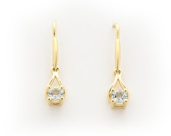 Dangling Aquamarine Earrings 4mm each ( sold as pair)  / 14k Gold Aquamarine Stud Earring With hook / March Aquamarine Earrings