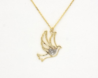 Dove Diamond Necklace / 14K Gold Diamond Dove Necklace / Holy Spirit Necklace / Religious Gift / Baptism / Communion / Confirmation