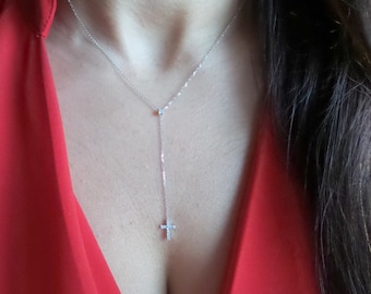 Diamond Necklace Cross / 14k Gold Diamond Cross Necklace / Lariat Diamond Cross Necklace / Dainty Diamond Necklace / Communion, Confirmation