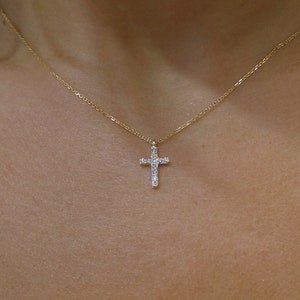 Diamond Cross Necklace 0.15 Ct / 14k Gold Diamond Cross / Small Diamond ...