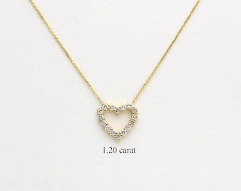 14k Gold Diamond Heart Necklace, Natural 1.20 carat Diamonds Open Heart Pendant