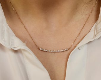 Diamond Bar Necklace 0.65CT / 14k Gold Diamond Bar Necklace / Curved Bar Necklace /  layering Necklace / Gold Bar Necklace / Bridal Necklace