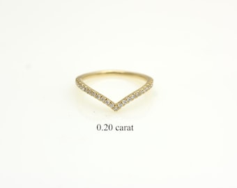 14k Gold Diamond Chevron Ring, Dainty Wishbone Wedding Band, Sold Gold Curved Stacking Jewelry