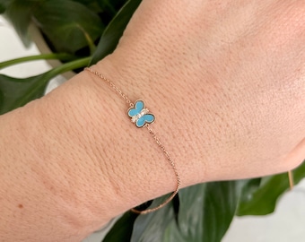 Diamond Butterfly Bracelet / 14k Gold Diamond Butterfly Bracelet / Blue Enamel Butterfly Bracelet / Diamond Butterfly Charm