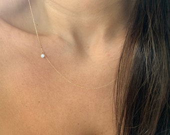 Everyday Diamond Necklace / Diamond Solitaire Necklace / 14k Gold Diamond Bezel Necklace / Layering Diamond Necklace
