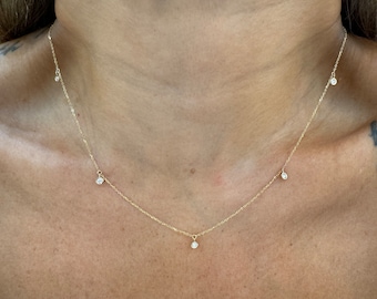 Dangling Diamond Necklace 0.24 ct / Diamond Station Necklace / 14k Gold 7 Diamond Bezel Necklace / Bridal Diamond Necklace / Mom Day Diamond
