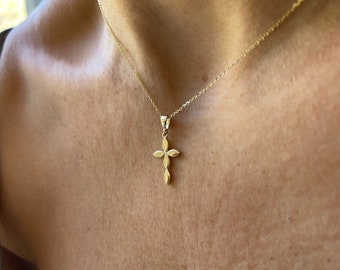 Small Cross Necklace / 14k Solid Gold Double Sided Small Cross Necklace / Baptism Cross Communion Cross Graduation Cross