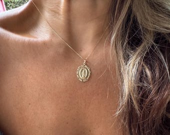 Large Virgin Mary Pendant / 14k Gold Miraculous Medal Medallion Charm / Everyday Guadalupe Necklace / Lady of Guadalupe Medallion Pendant