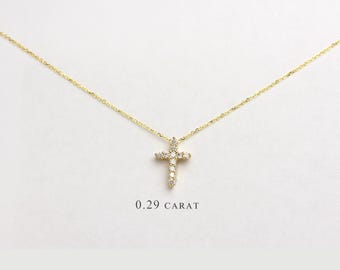 Dainty 0.29 CT Diamond Cross Necklace: 14k Gold Religious Pendant