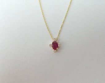 Ruby Diamond Necklace / Ruby Diamond Solitaire Necklace / 14k Gold Ruby Solitaire Necklace / Red Oval Ruby Necklace / 14k Solid Gold Ruby