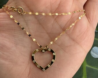 Heart Necklace / 14k Solid Gold Heart Necklace / 14k Gold Mirror Chain Heart Necklace / Heart Necklace / Heart Layering