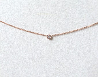 Mini Diamond Necklace / 14k Rose Gold Diamond Solitaire Necklace / Diamond Bezel Necklace / Gold Diamond Solitaire Necklace / Small Diamond