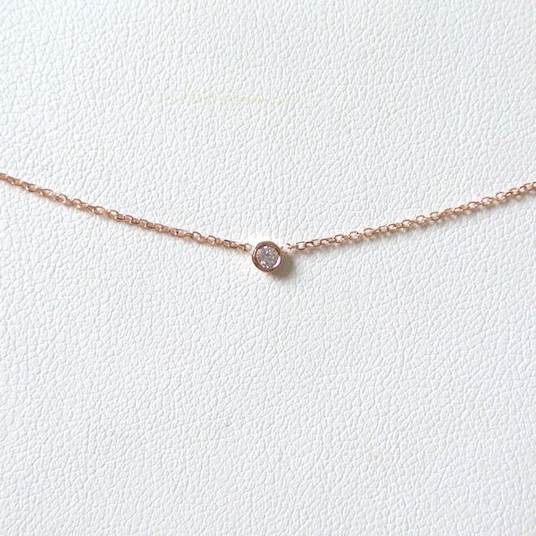 Mini Diamond Necklace / 14k Rose Gold Diamond Solitaire Necklace / Diamond Bezel Necklace / Gold Diamond Solitaire Necklace / Small Diamond