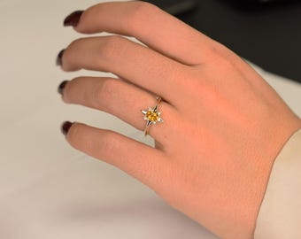 Yellow Topaz and diamond North Star Ring in 14k Gold, Statement Ring, November Birthstone Jewelry, Unique Gold Ring Gift for Her