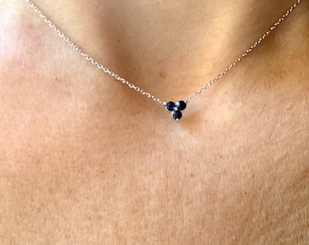 Sapphire Necklace / 14k White Gold Sapphire Trio Cluster Necklace 0.08ct / Sapphire Trio Necklace / Triangle Shape Sapphire Necklace