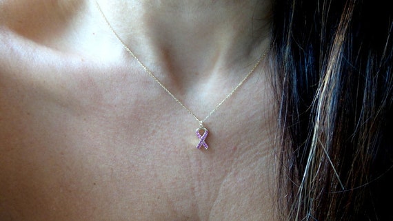 ribbon necklace アメジスト　＊お値下げ不可 14k Gold Breast Cancer Ribbon Necklace: Pink Sapphire Survivor