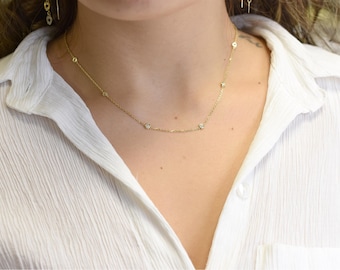 Diamond Necklace / 14k Gold Diamond Station Necklace / Diamond Necklace / Dainty Diamond / Diamond Bezel Set Necklace / Gift