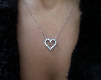 Bridal Diamond Heart Necklace / 14k Gold Diamond Heart Necklace 0.56CTS / Solid Gold Heart Necklace / Heart Necklace / Gold Diamond Heart