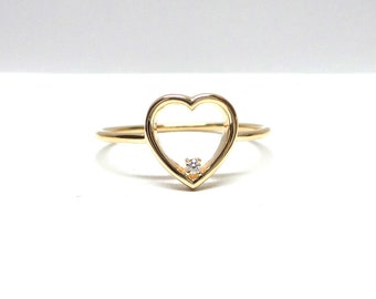 Dainty 14k Gold Heart Ring with Diamond: Love Stacking Ring