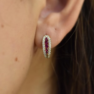 Red Ruby Diamond Hoop Earrings (Pair) / 14k Gold Birthstone Red Ruby Hoops / Bridal Ruby Diamond Earrings / Lightweight Ruby Hoops