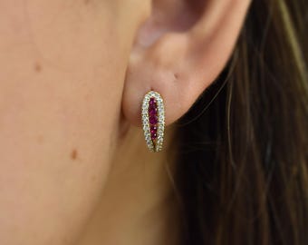 Red Ruby Diamond Hoop Earrings (Pair) / 14k Gold Birthstone Red Ruby Hoops / Bridal Ruby Diamond Earrings / Lightweight Ruby Hoops