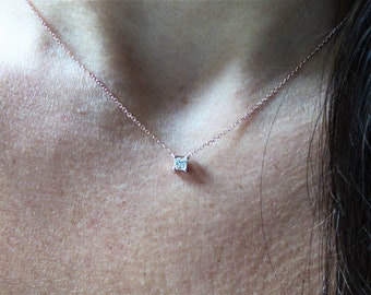 Princess Cut Diamond Necklace / Diamond Solitaire Necklace 0.20CT / Floating Diamond / Bridal Diamond Necklace / 14k Rose Gold Diamond